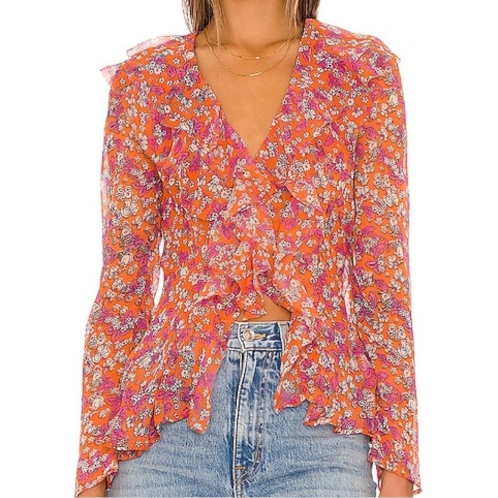 Free People Sheer Blouse NEW Women XS Mesh Ditsy Floral Festival Ruffle Coquette